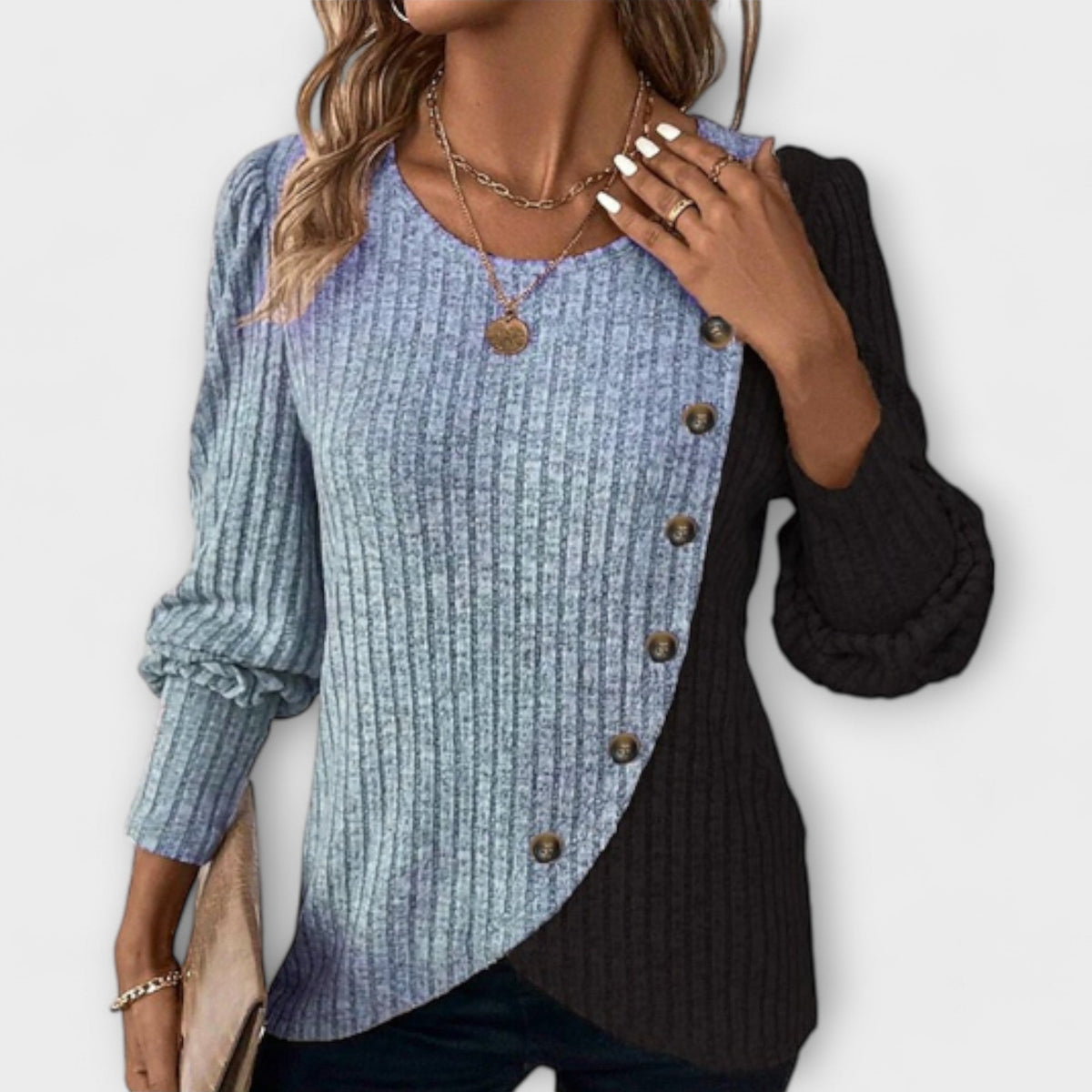 Color Block Ribbed Knit Top with Button Detail for Women Cicadias Tops Cicadias