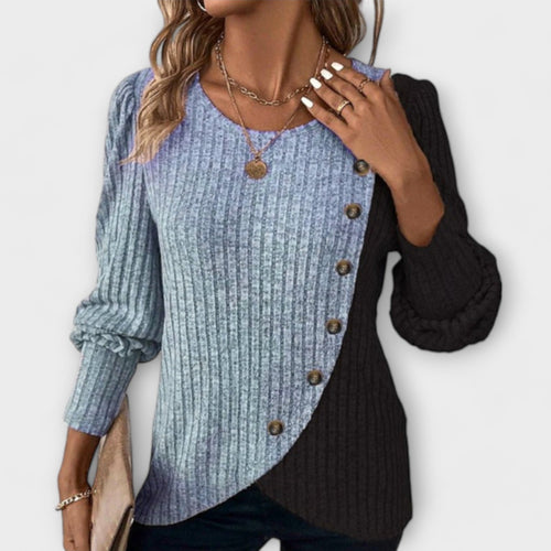 Color Block Ribbed Knit Top with Button Detail for Women Cicadias Tops Cicadias