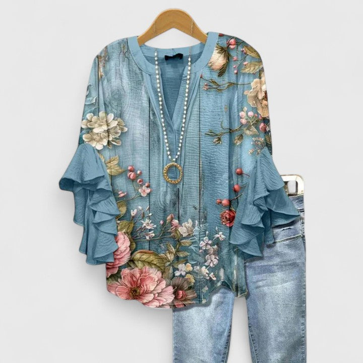 Cream Blue Floral Ruffle Bell Sleeve Notch Blouse Cicadias Tops Cicadias