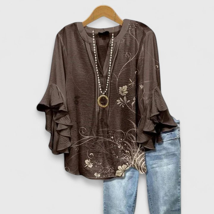 Cream Blue Floral Ruffle Bell Sleeve Notch Blouse Cicadias Tops Cicadias