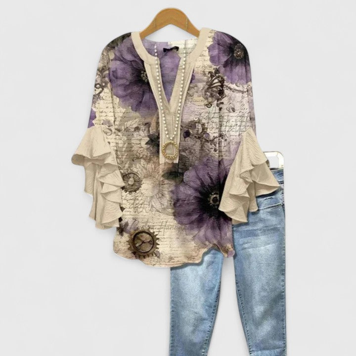 Cream Blue Floral Ruffle Bell Sleeve Notch Blouse Cicadias Tops Cicadias