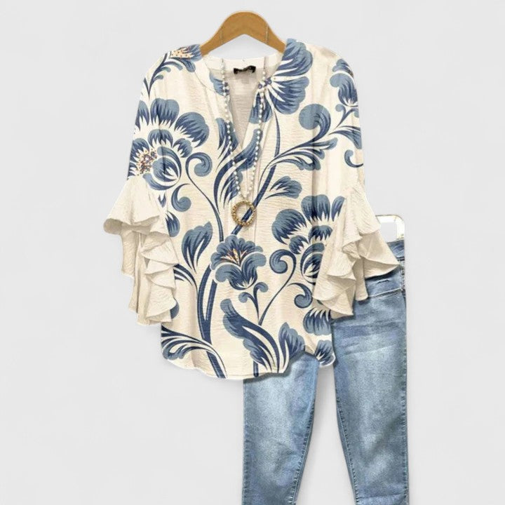 Cream Blue Floral Ruffle Bell Sleeve Notch Blouse Cicadias Tops Cicadias