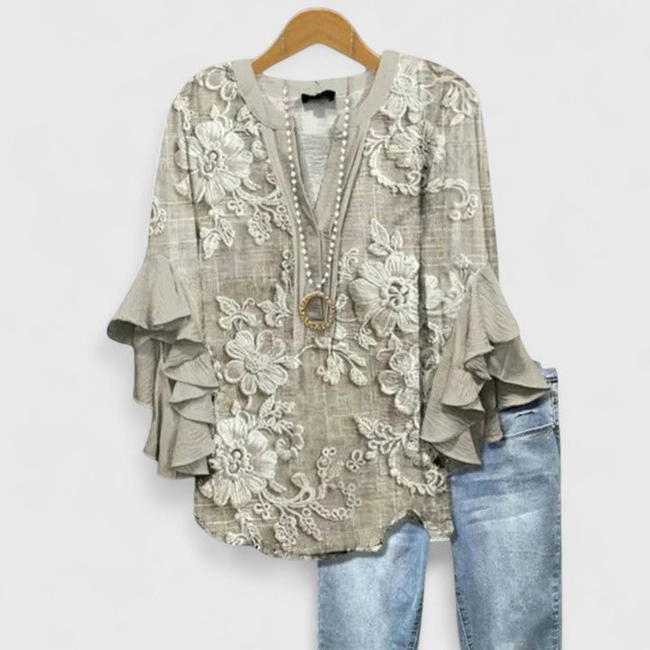 Cream Blue Floral Ruffle Bell Sleeve Notch Blouse Cicadias Tops Cicadias