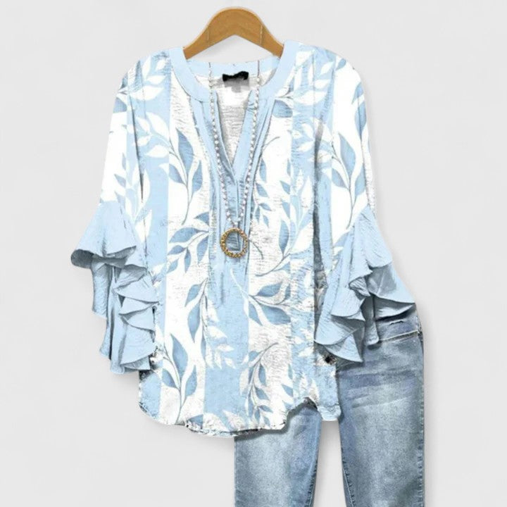 Cream Blue Floral Ruffle Bell Sleeve Notch Blouse Cicadias Tops Cicadias