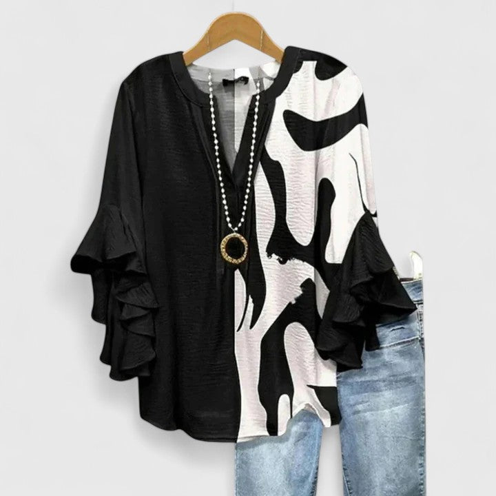Cream Blue Floral Ruffle Bell Sleeve Notch Blouse Cicadias Tops Cicadias