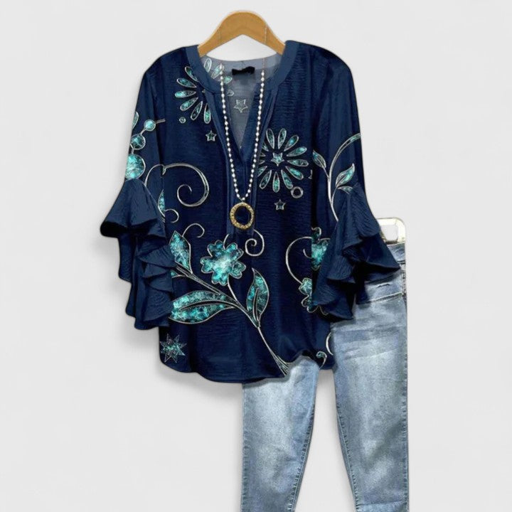 Cream Blue Floral Ruffle Bell Sleeve Notch Blouse Cicadias Tops Cicadias