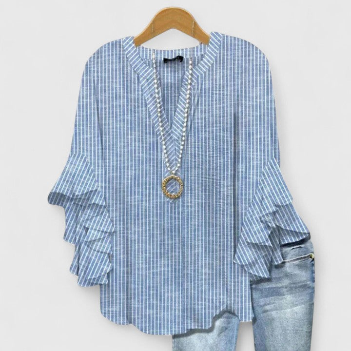 Cream Blue Floral Ruffle Bell Sleeve Notch Blouse Cicadias Tops Cicadias