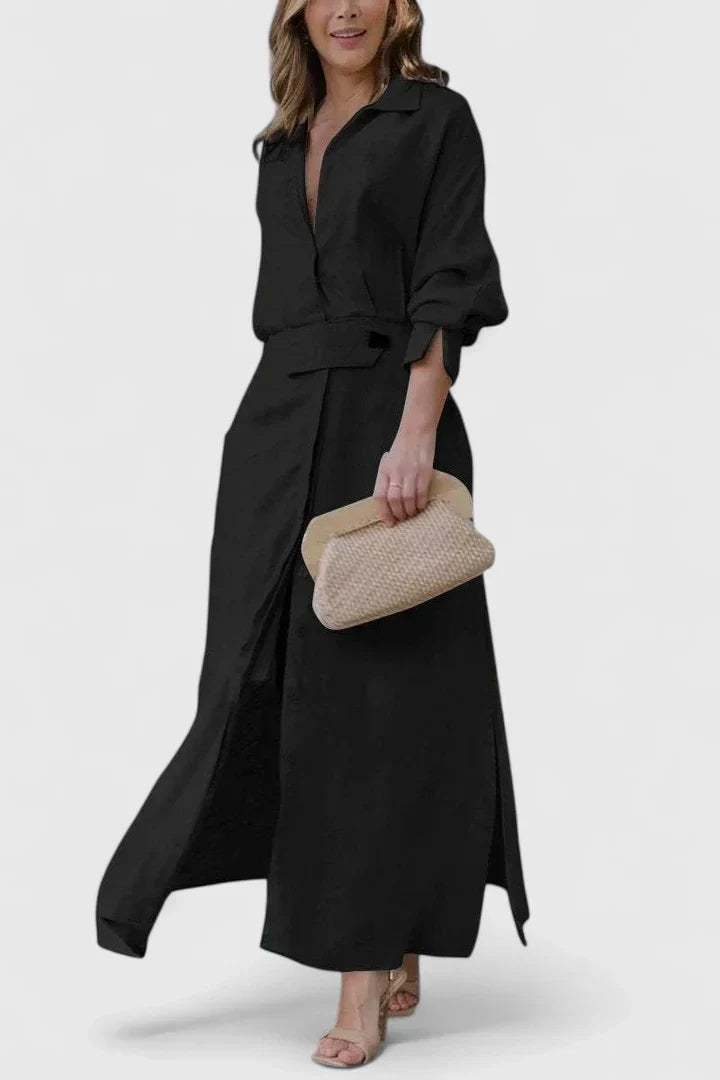 Dusty Rose Belted Shirt Collar Linen Maxi Dress Cicadias Dresses Cicadias