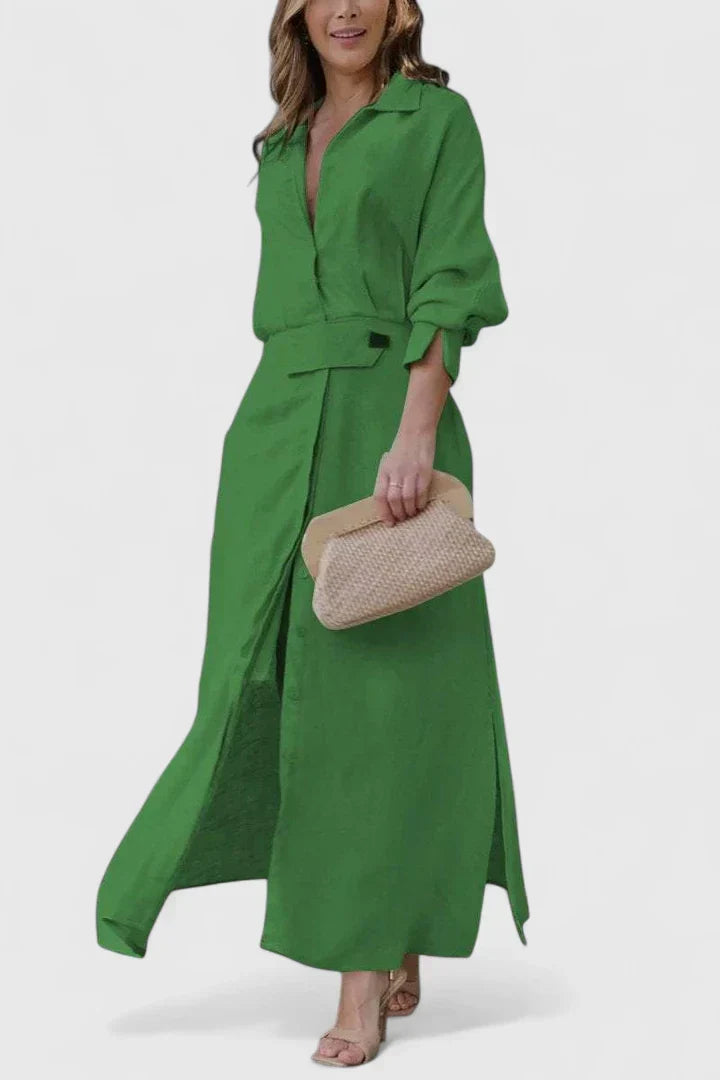 Dusty Rose Belted Shirt Collar Linen Maxi Dress Cicadias Dresses Cicadias