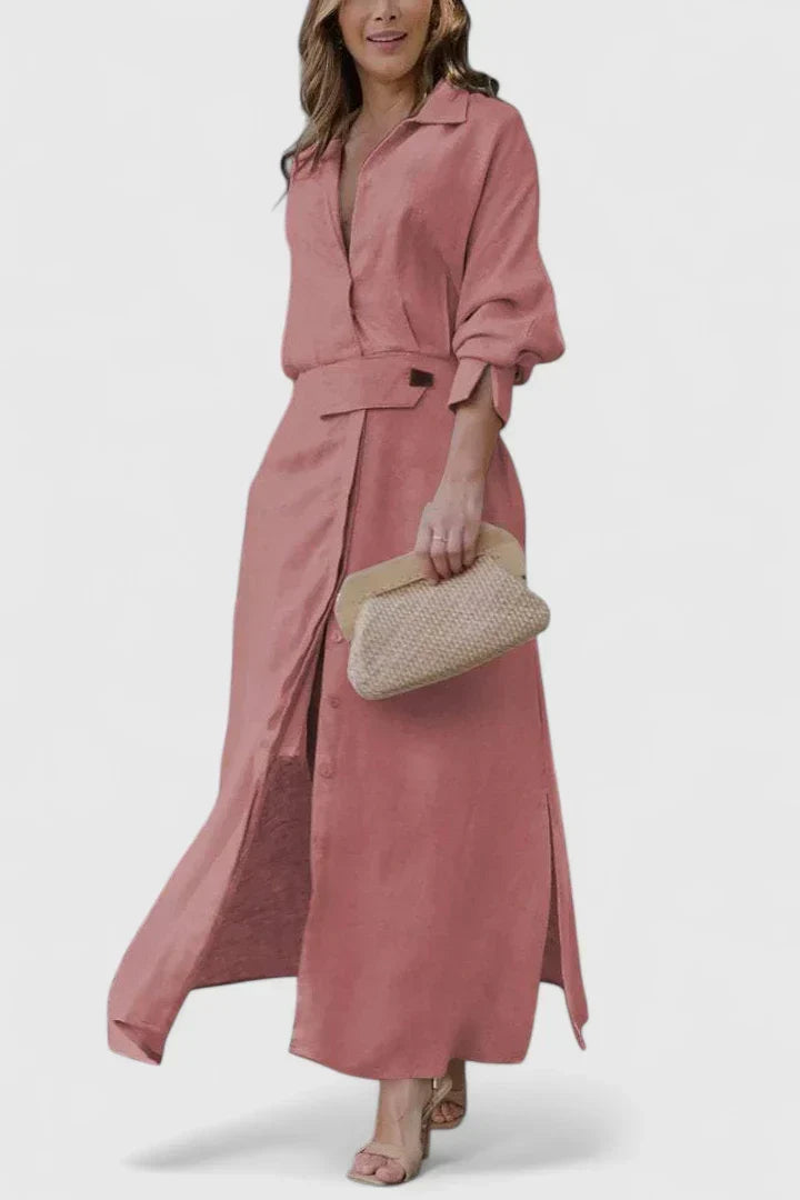 Dusty Rose Belted Shirt Collar Linen Maxi Dress Cicadias Dresses Cicadias