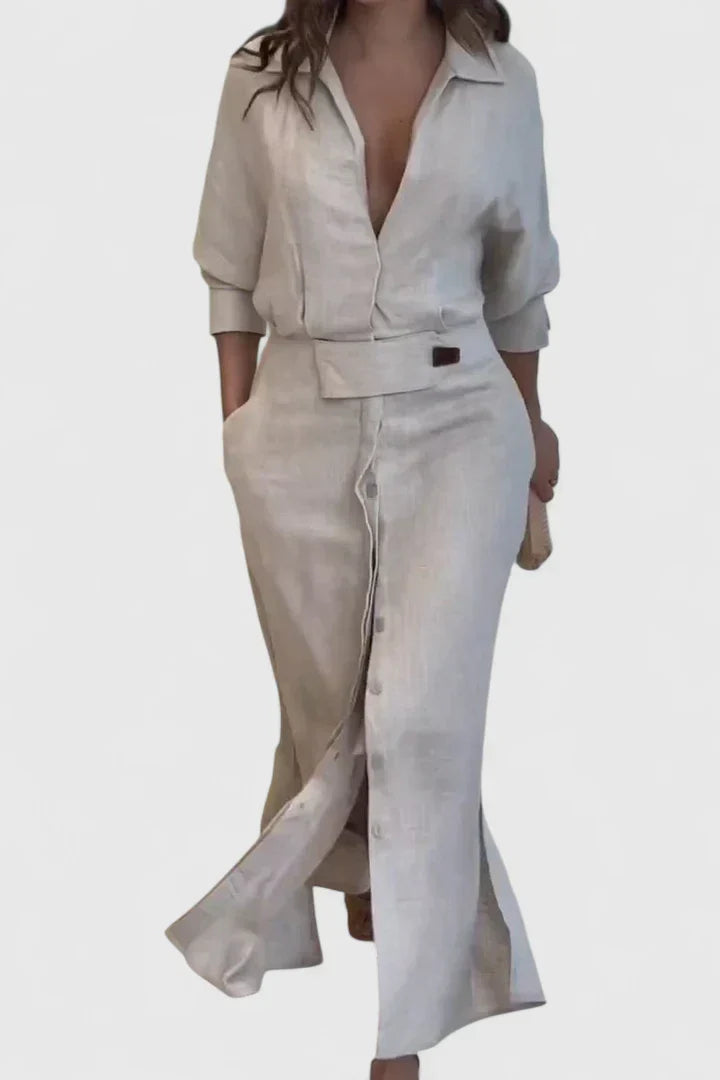 Dusty Rose Belted Shirt Collar Linen Maxi Dress Cicadias Dresses Cicadias