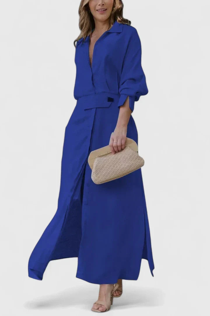 Dusty Rose Belted Shirt Collar Linen Maxi Dress Cicadias Dresses Cicadias