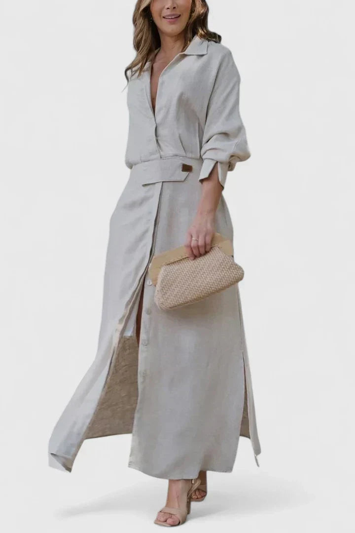 Dusty Rose Belted Shirt Collar Linen Maxi Dress Cicadias Dresses Cicadias