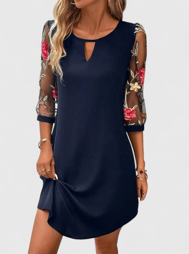 Navy Embroidered Mesh Sleeve Shift Dress - Summer Cicadias Dresses Cicadias
