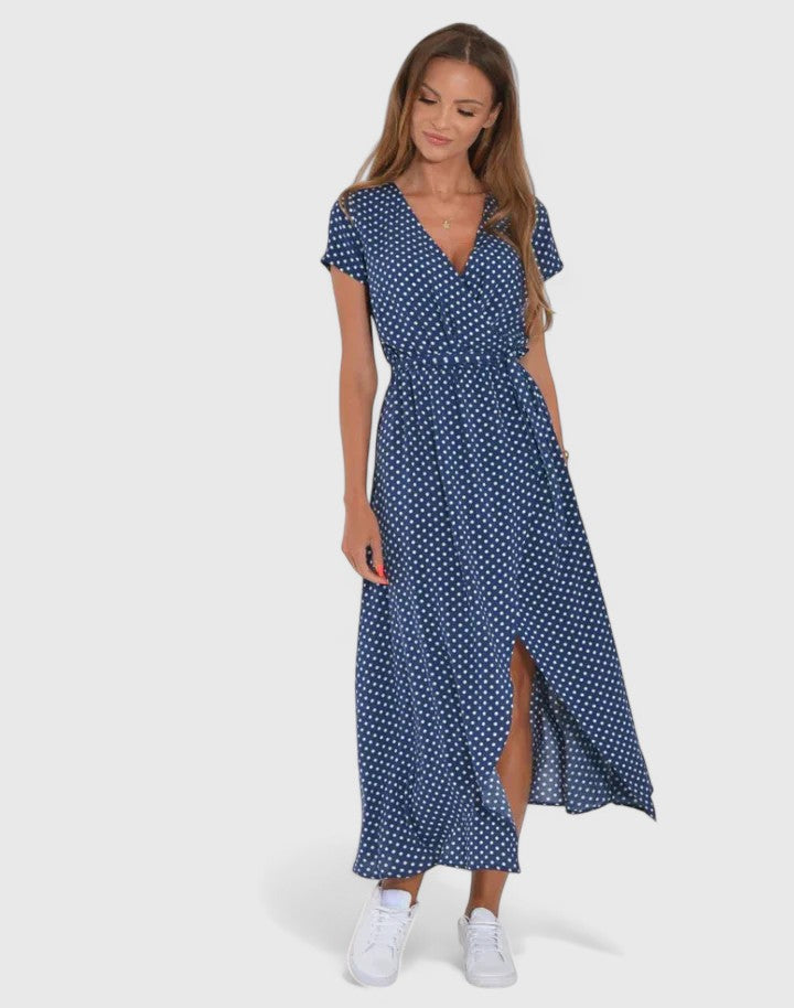 Navy Polka Dot Wrap A-Line Maxi Dress with Slit Cicadias Dresses Cicadias