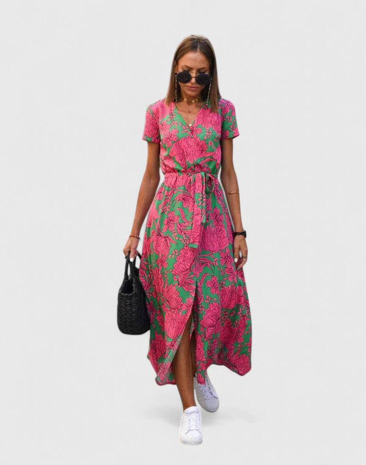 Navy Polka Dot Wrap A-Line Maxi Dress with Slit Cicadias Dresses Cicadias