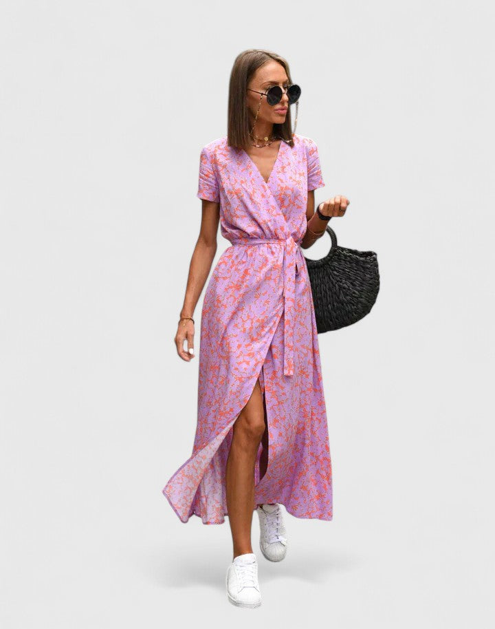 Navy Polka Dot Wrap A-Line Maxi Dress with Slit Cicadias Dresses Cicadias