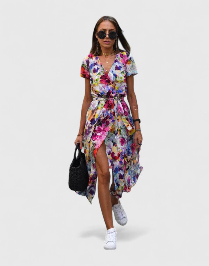Navy Polka Dot Wrap A-Line Maxi Dress with Slit Cicadias Dresses Cicadias