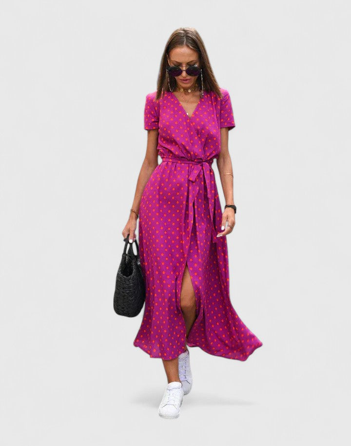 Navy Polka Dot Wrap A-Line Maxi Dress with Slit Cicadias Dresses Cicadias