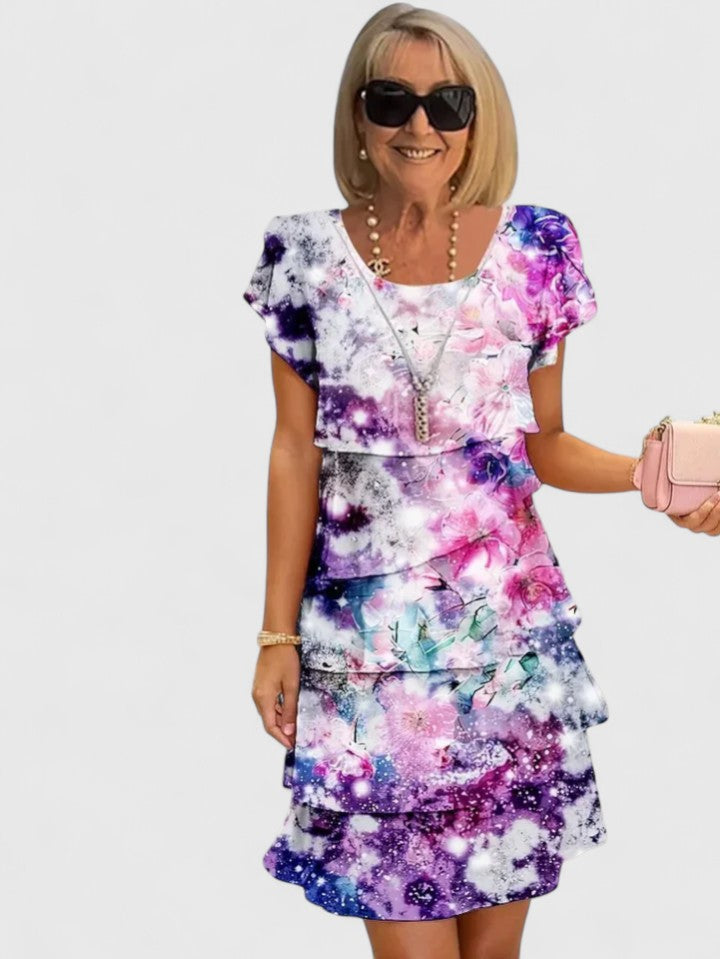 Purple Watercolor Floral Tiered A-Line Mini Dress Cicadias Dresses Cicadias