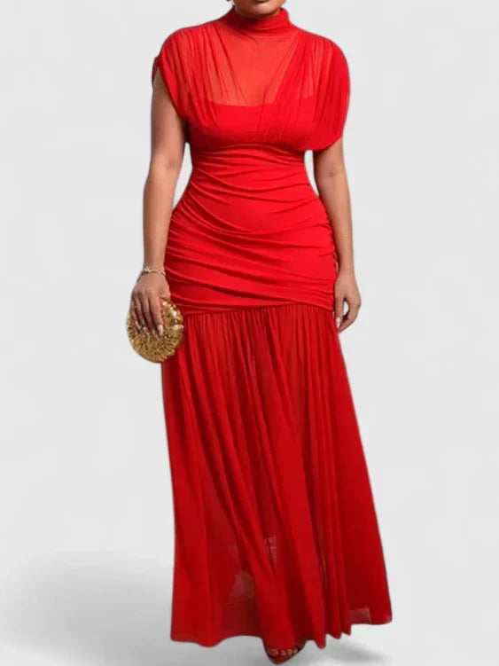 Red Ruched Mesh Mock Neck Pleated Maxi Dress Cicadias Dresses Cicadias