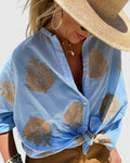 Sage Green Botanical Print Button-Down Blouse for Women Cicadias Tops Cicadias