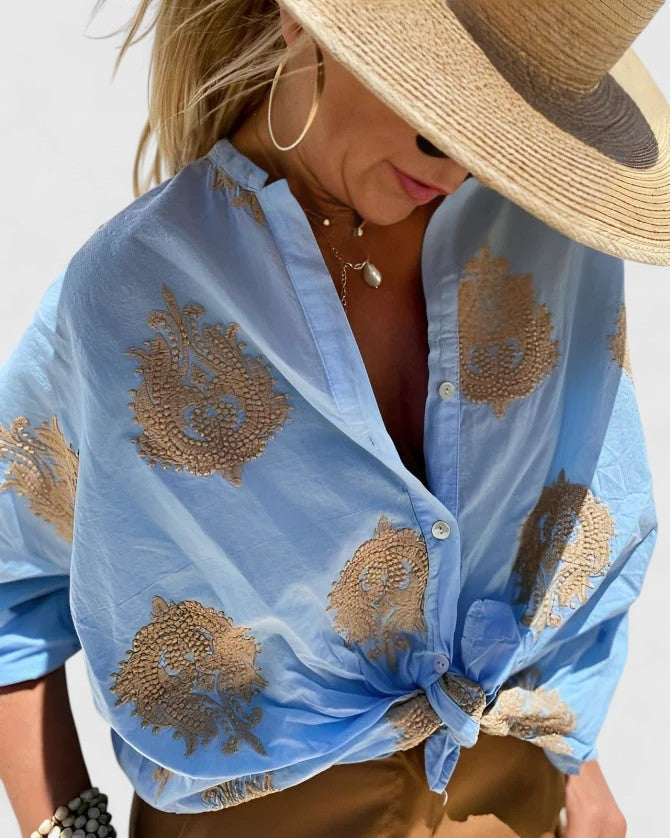 Sage Green Botanical Print Button-Down Blouse for Women Cicadias Tops Cicadias