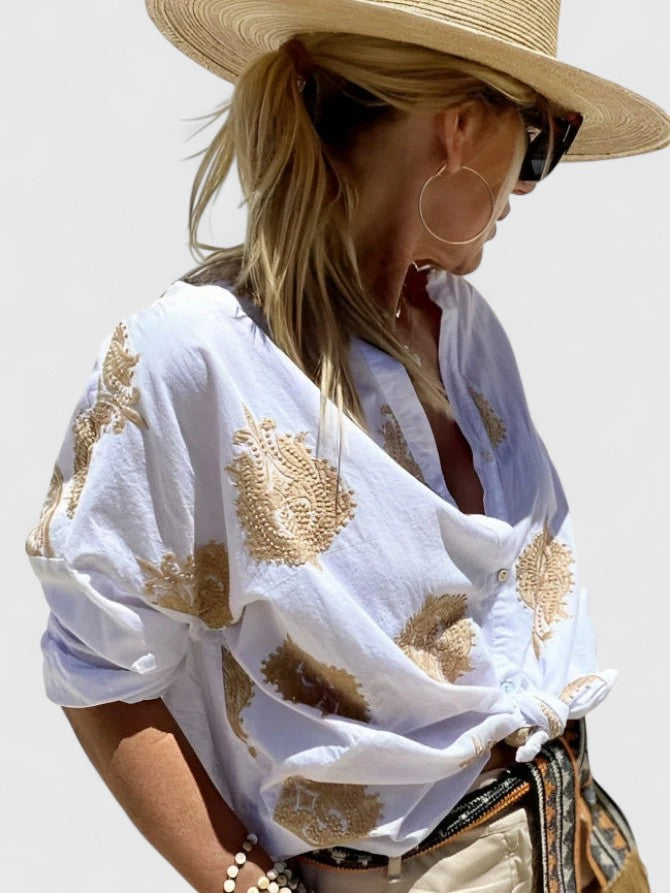Sage Green Botanical Print Button-Down Blouse for Women Cicadias Tops Cicadias