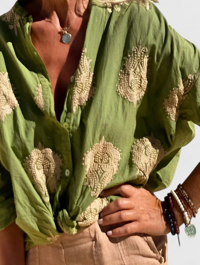 Sage Green Botanical Print Button-Down Blouse for Women Cicadias Tops Cicadias