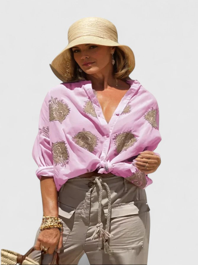 Sage Green Botanical Print Button-Down Blouse for Women Cicadias Tops Cicadias