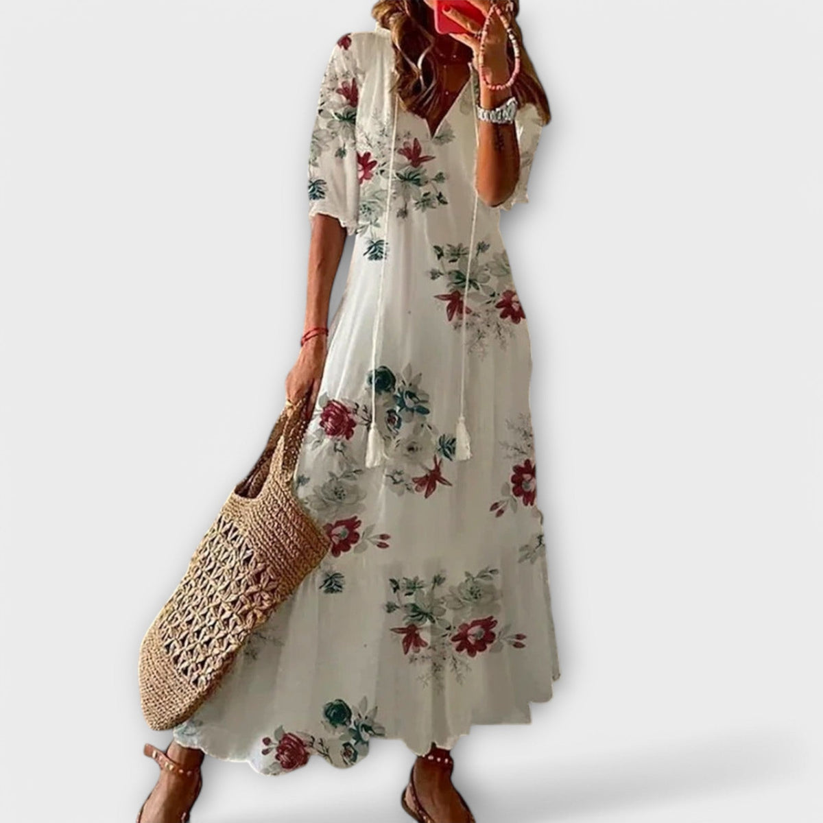 Sky Blue Ikat Damask V-Neck Tiered Maxi Dress Cicadias Dresses Cicadias