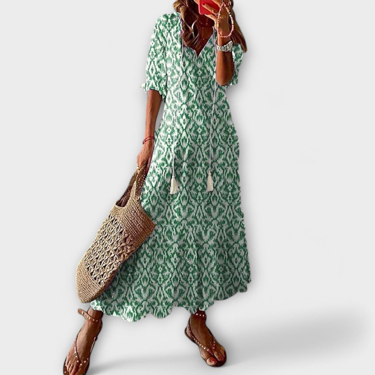 Sky Blue Ikat Damask V-Neck Tiered Maxi Dress Cicadias Dresses Cicadias