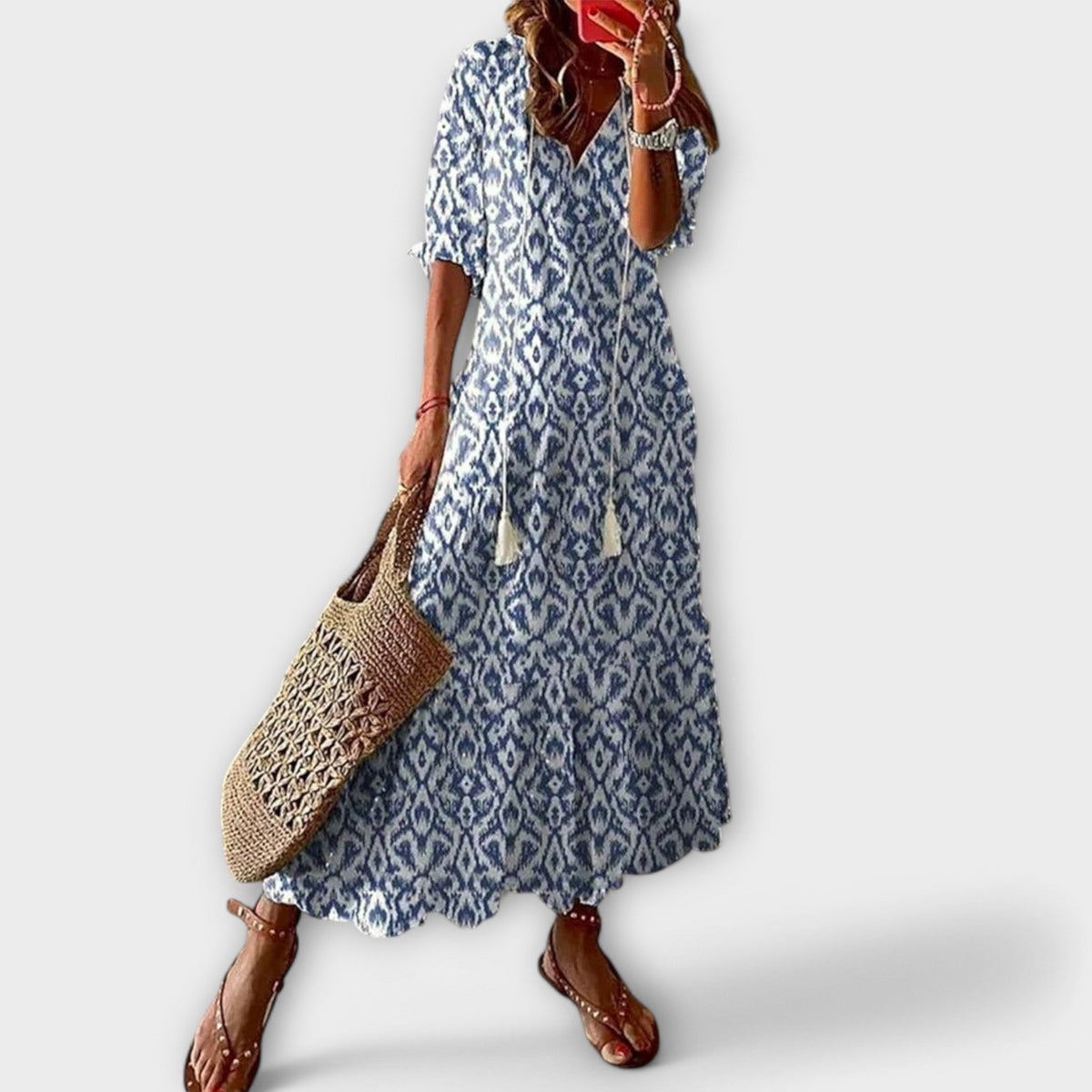 Sky Blue Ikat Damask V-Neck Tiered Maxi Dress Cicadias Dresses Cicadias