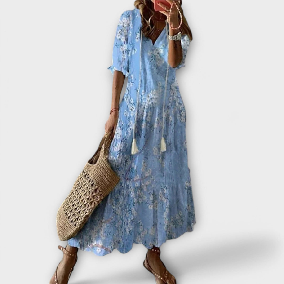 Sky Blue Ikat Damask V-Neck Tiered Maxi Dress Cicadias Dresses Cicadias
