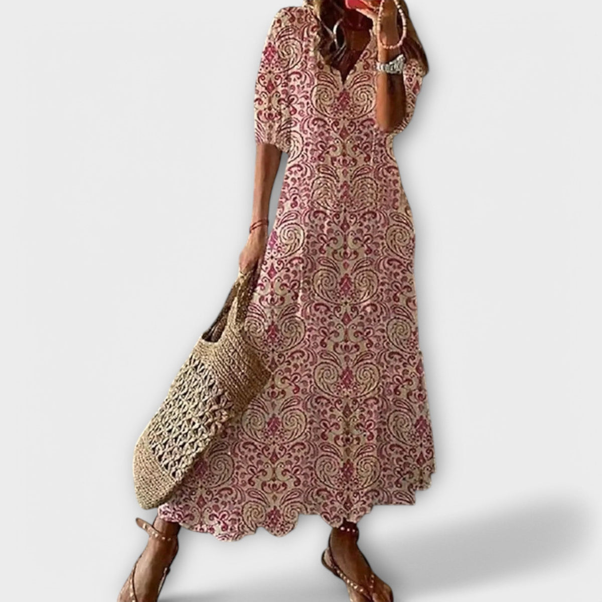 Sky Blue Ikat Damask V-Neck Tiered Maxi Dress Cicadias Dresses Cicadias