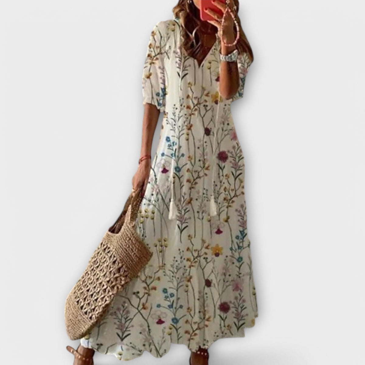 Sky Blue Ikat Damask V-Neck Tiered Maxi Dress Cicadias Dresses Cicadias