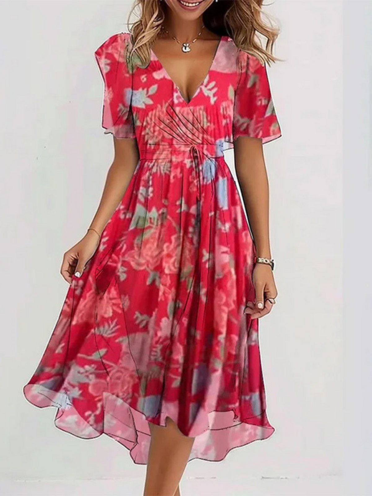 Taupe Botanical Floral Wrap V-Neck Midi Dress Cicadias Dresses Cicadias