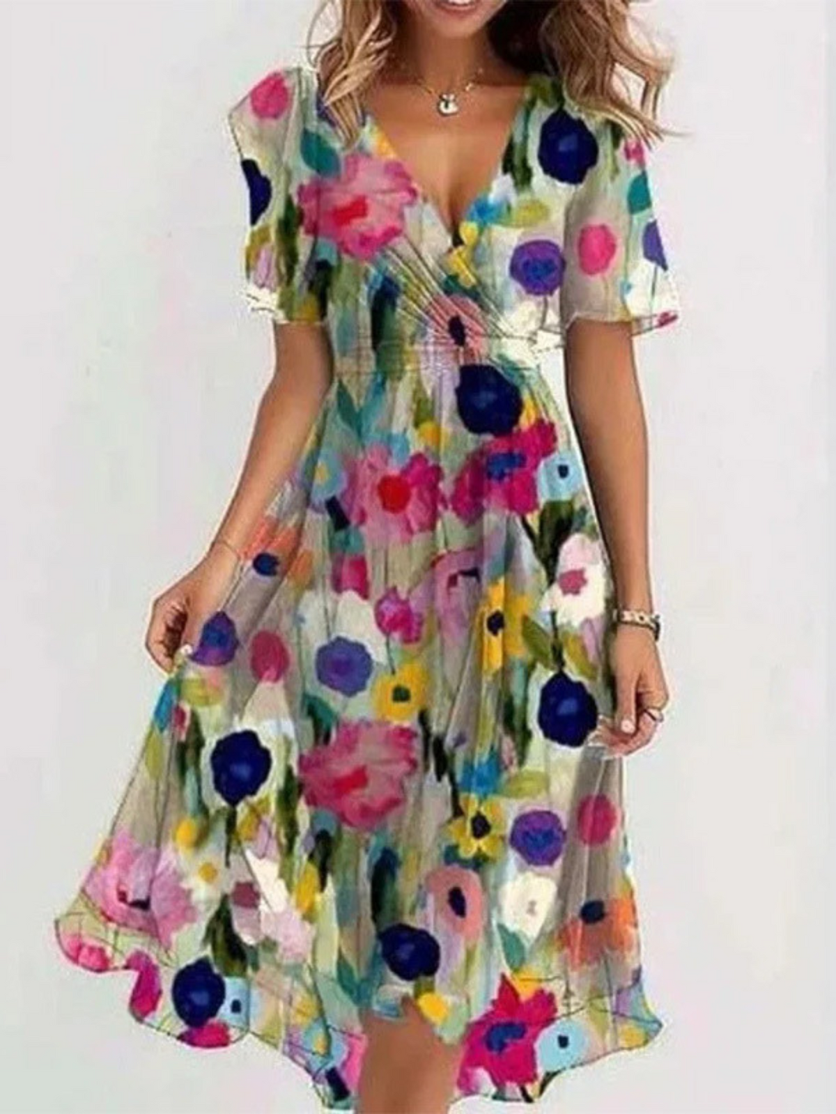 Taupe Botanical Floral Wrap V-Neck Midi Dress Cicadias Dresses Cicadias