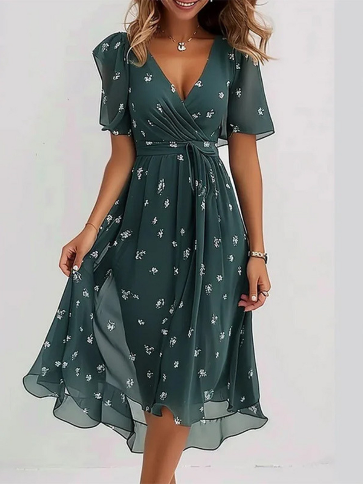 Taupe Botanical Floral Wrap V-Neck Midi Dress Cicadias Dresses Cicadias