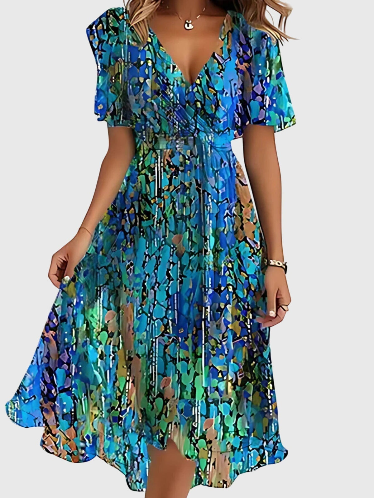 Taupe Botanical Floral Wrap V-Neck Midi Dress Cicadias Dresses Cicadias