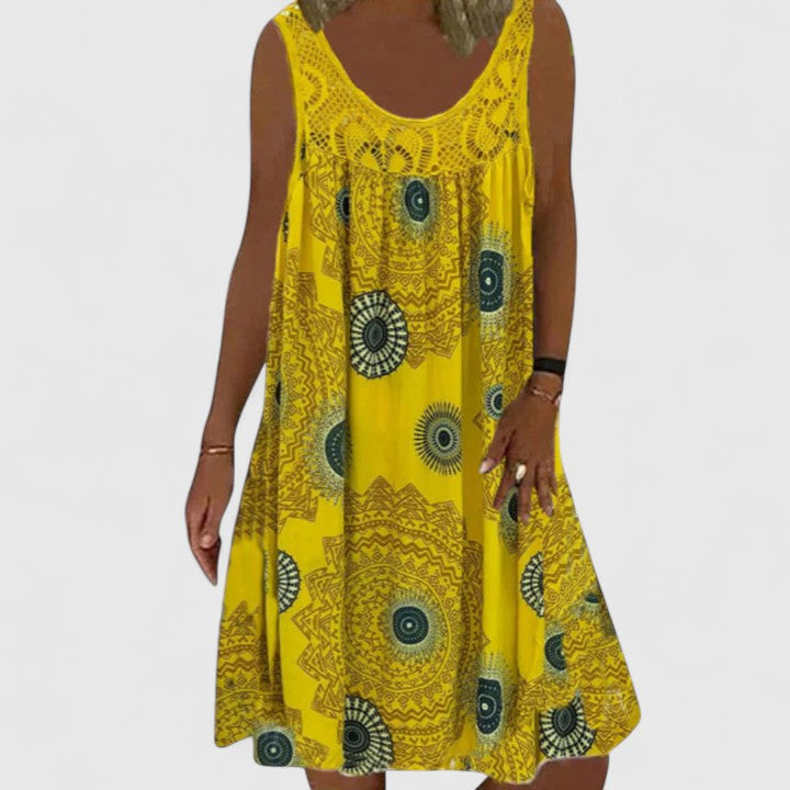 Yellow Mandala Print Lace Yoke Sleeveless Dress Cicadias Dresses Cicadias