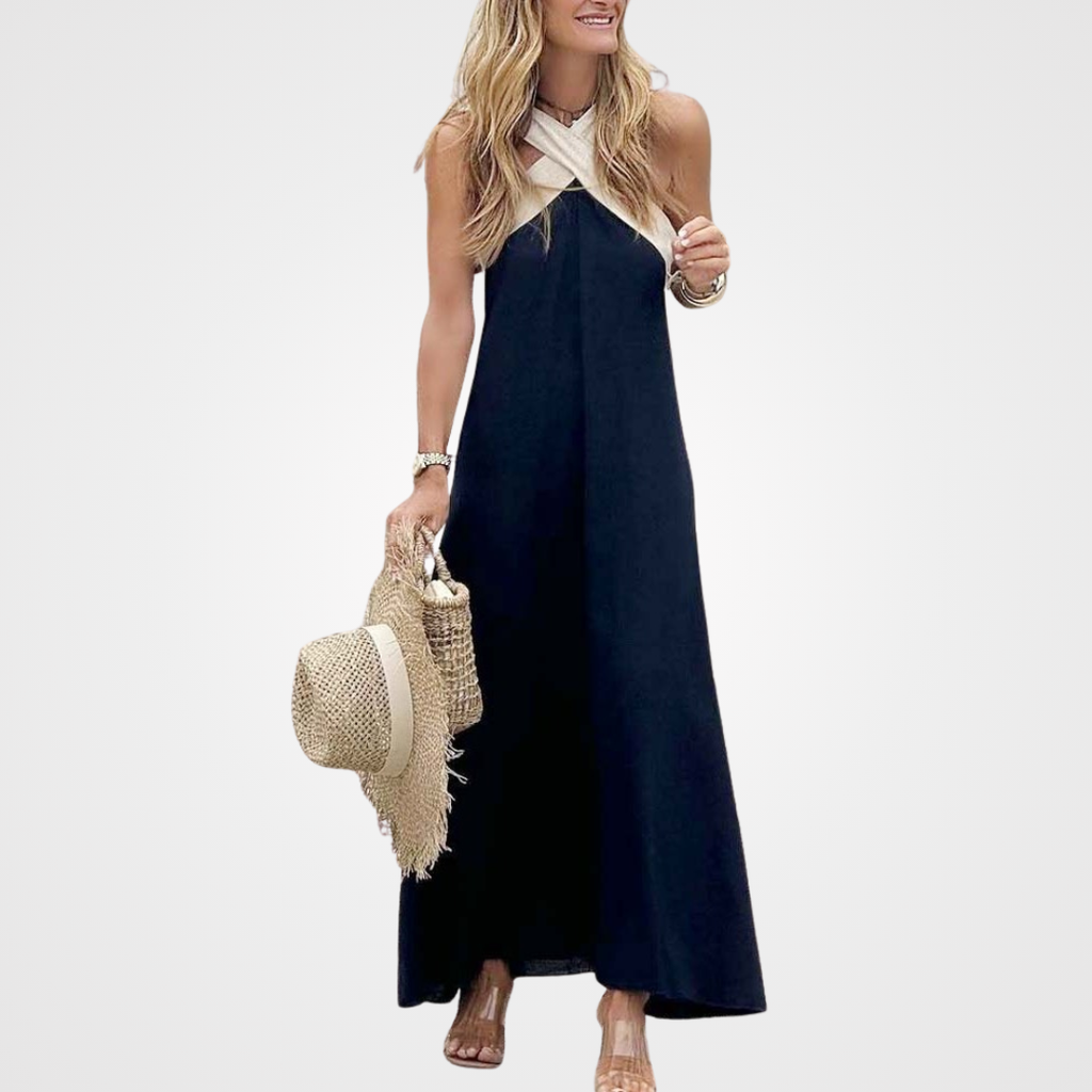 Black & White Halter Colorblock Maxi Dress - Resort