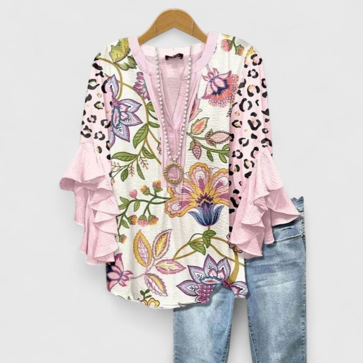 Cream Blue Floral Ruffle Bell Sleeve Notch Blouse