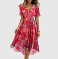 Blue Teal Mosaic Print Flutter Sleeve Midi Dress