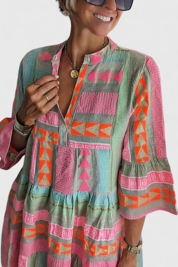 Pink Patchwork Geometric Bell Sleeve Boho Dress
