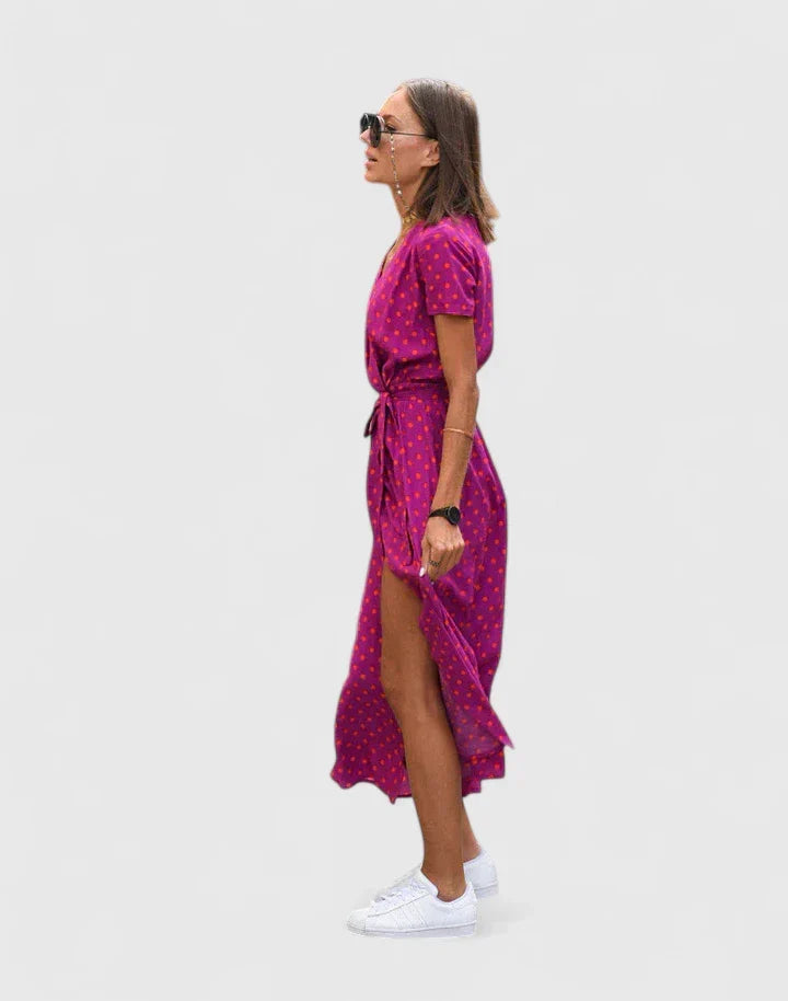 Lilac Orange Floral Wrap Puff Sleeve Maxi Dress