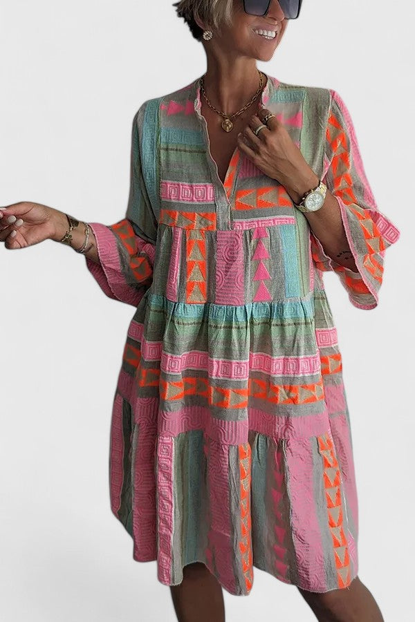 Pink Patchwork Geometric Bell Sleeve Boho Dress