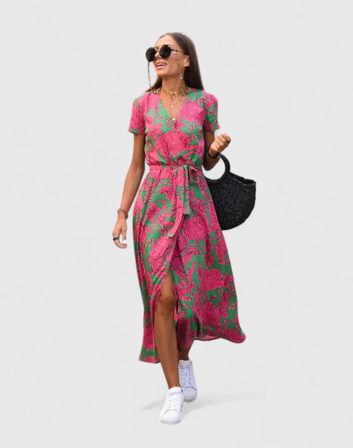 Navy Polka Dot Wrap A-Line Maxi Dress with Slit