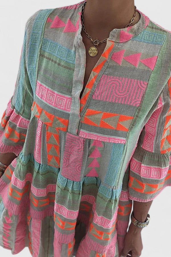 Pink Patchwork Geometric Bell Sleeve Boho Dress