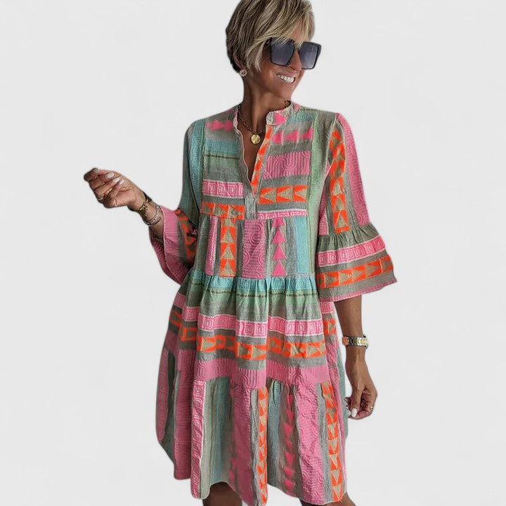 Pink Patchwork Geometric Bell Sleeve Boho Dress